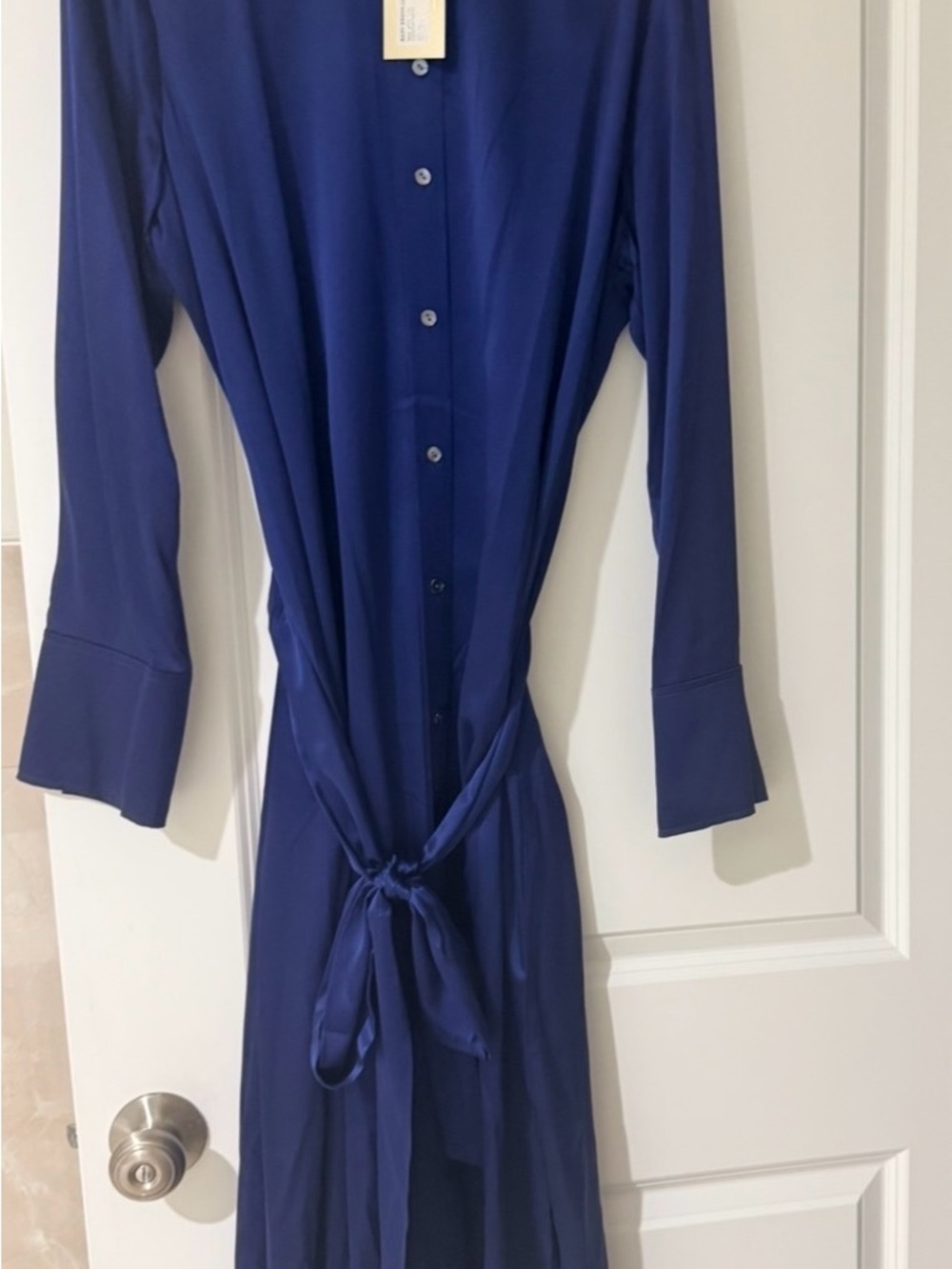 Silk Lightweight Ramy Brook Navy Long-Sleeve Button Front Tie-Waist Dress XXL